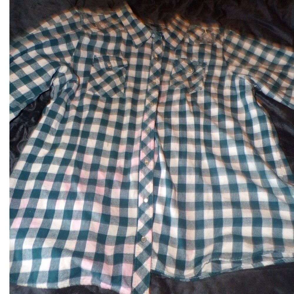 Bit & Bridle  Shirt Green Plaid flannel Size 3x Horseshoe design pearl buttons